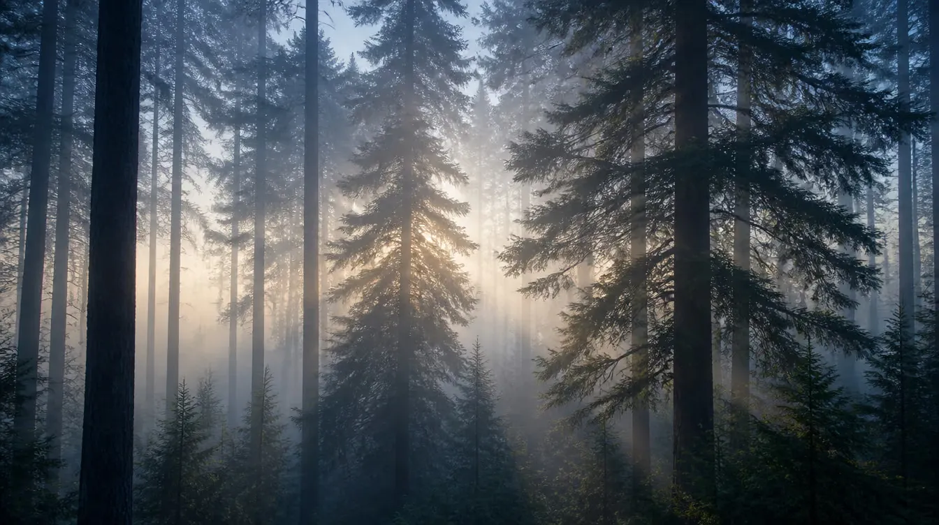 Cedar trees in morning mist with rays of first light