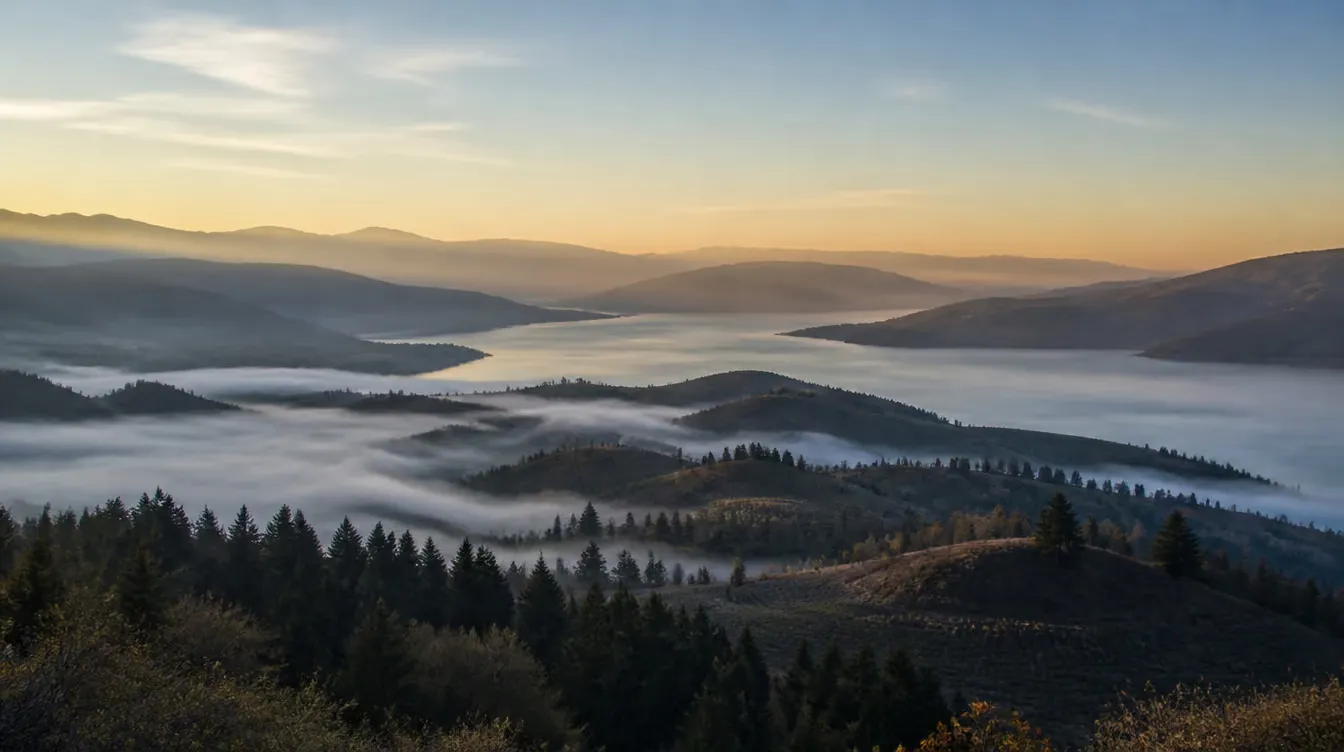 Mist pooled in an Okanagan valley at dawn