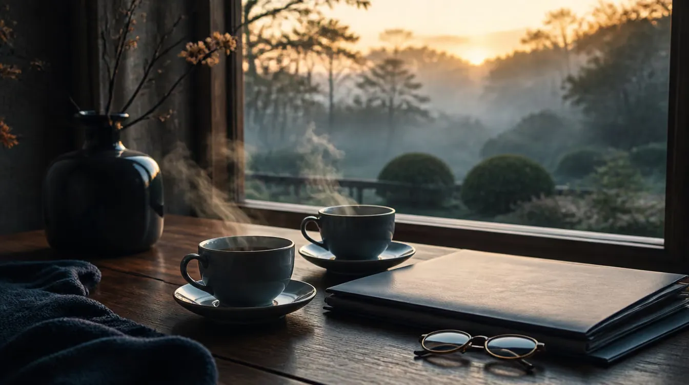 A wooden table by a window at first light with teacups and documents