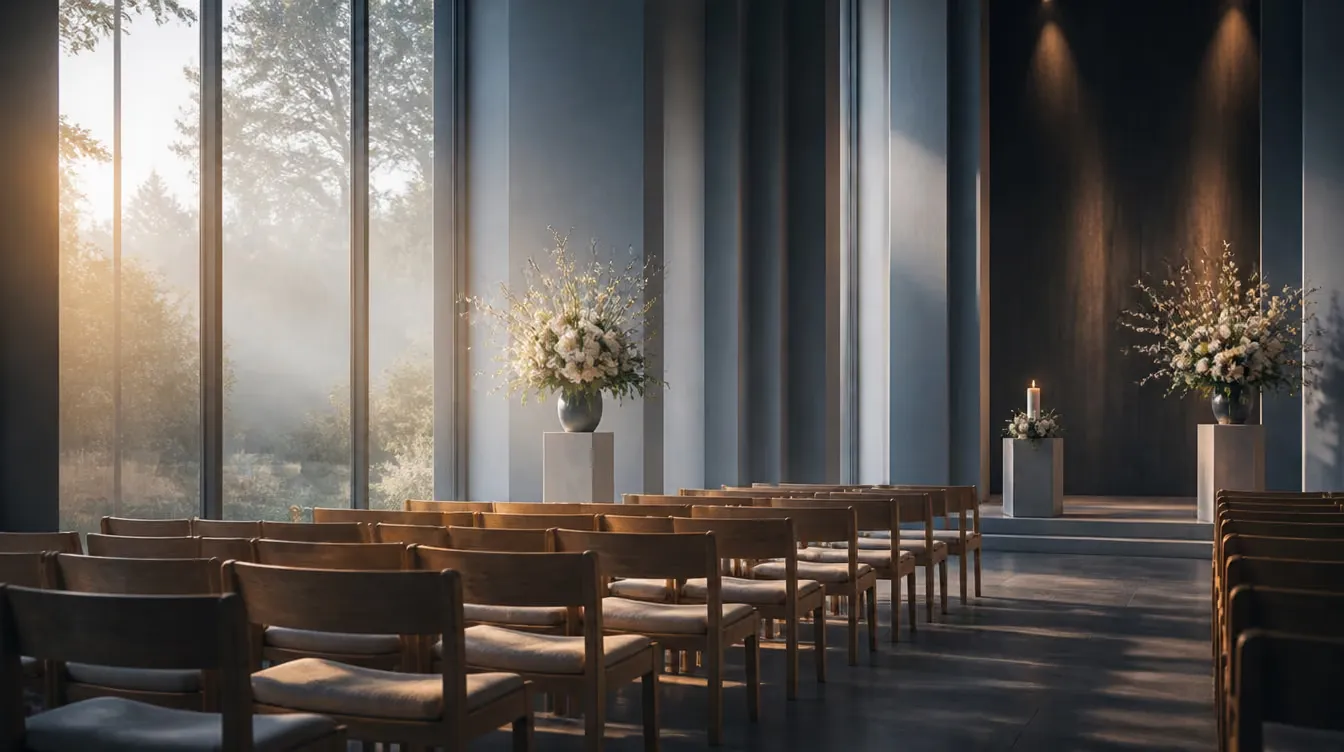 A quiet chapel with tall windows in soft dawn light