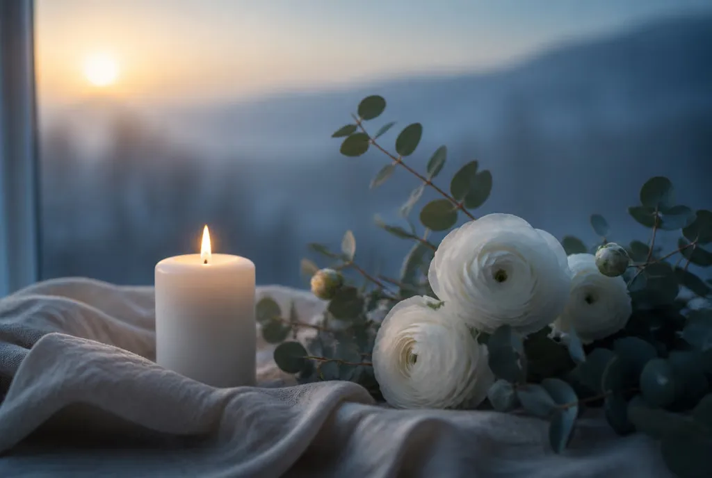 A white candle and white florals in soft window light
