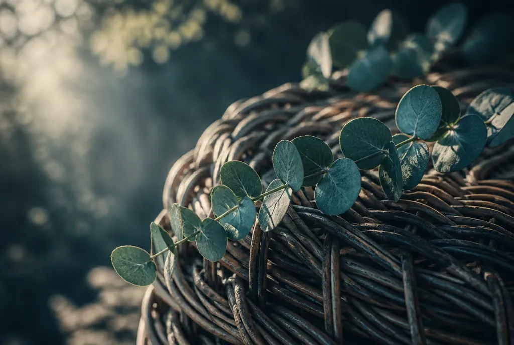 Woven willow detail with a sprig of eucalyptus in forest morning light
