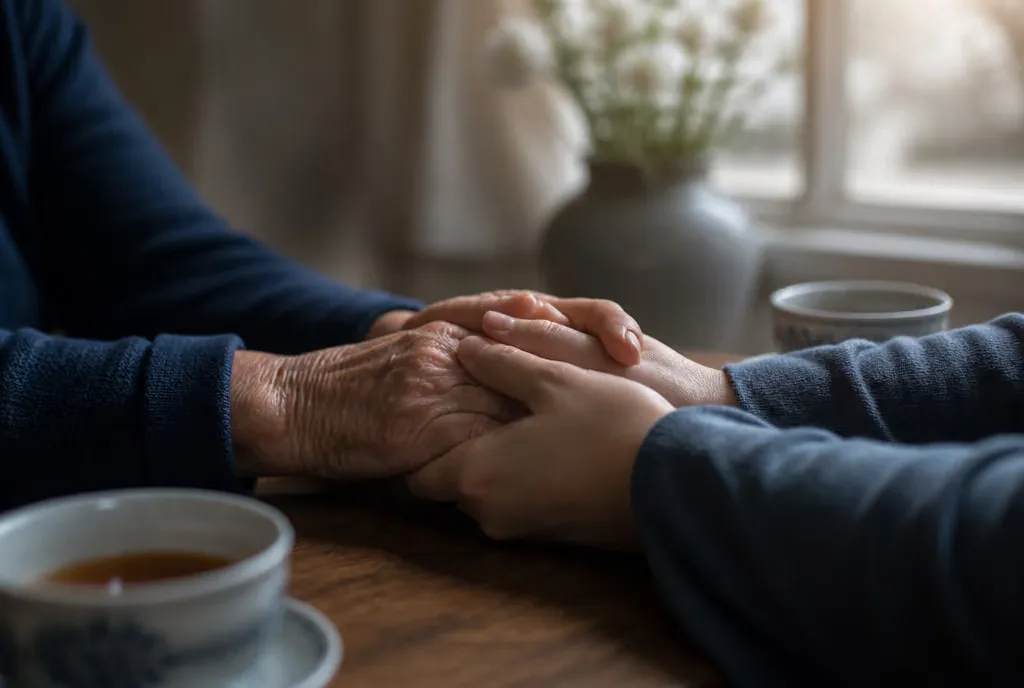 Hands held in comfort across a table in soft morning light