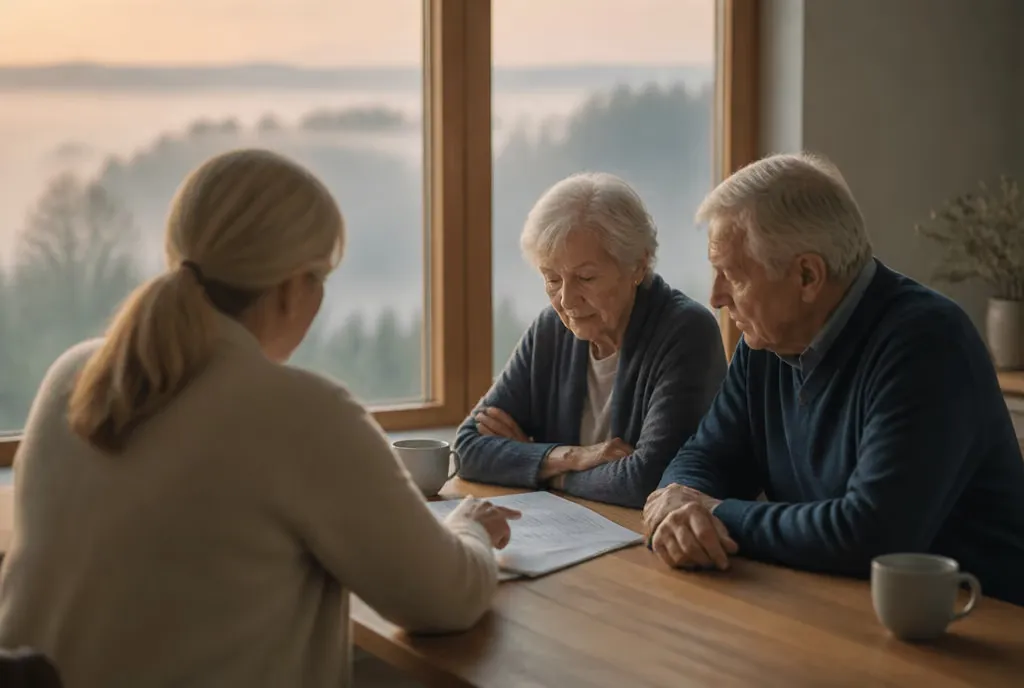 An advisor reviewing pre-planning documents with a couple at a bright table