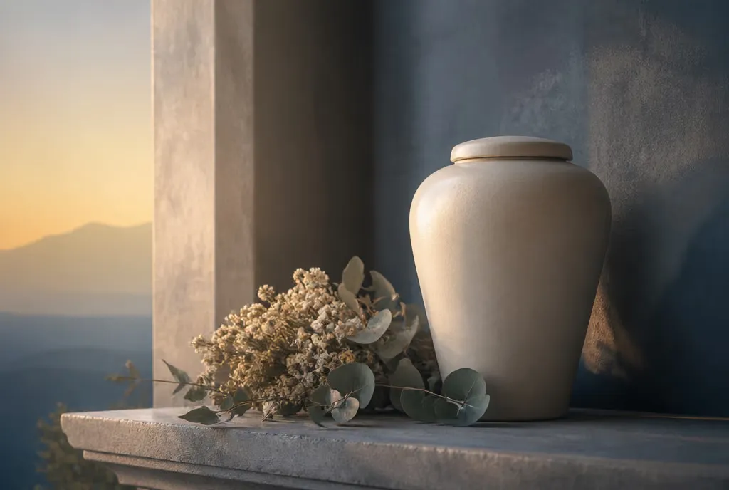 A ceramic urn beside dried florals on a stone shelf at dawn